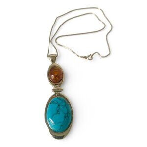 Sterling Silver 925  Turquoise & Baltic Amber Pendant Necklace Silver Chain
